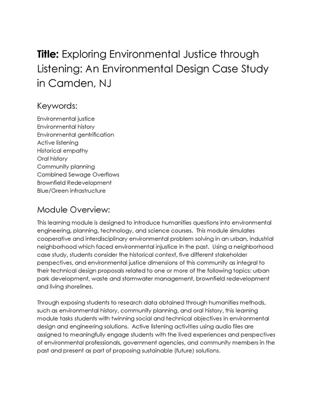 Exploring Environmental Justice through Listening: An Environmental Design Case Study in Camden, NJ - Exploring Environmental Justice through Listening: An Environmental Design Case Study in Camden, NJ 1